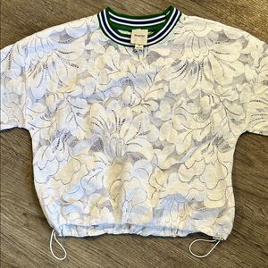 Maeve Anthropologie White Floral Lace Cropped Top Striped Collar Drawstring XS